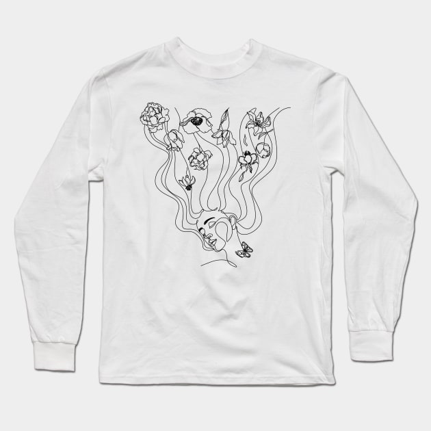 Woman with long hair and flowers in Long Sleeve T-Shirt by OneLinePrint